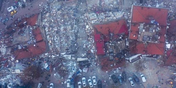 An aerial view of collapsed buildings in Kahramanmaras, Turkey, on February 7, 2023. 